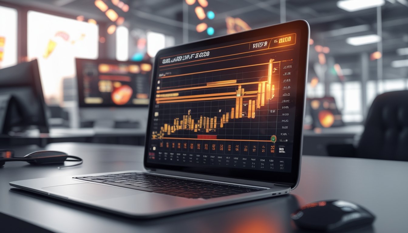 Antarmuka digital modern yang menampilkan grafik dan data persentase terkait permainan slot Sizzling Hot 2026 di layar komputer di ruang kantor yang terang.