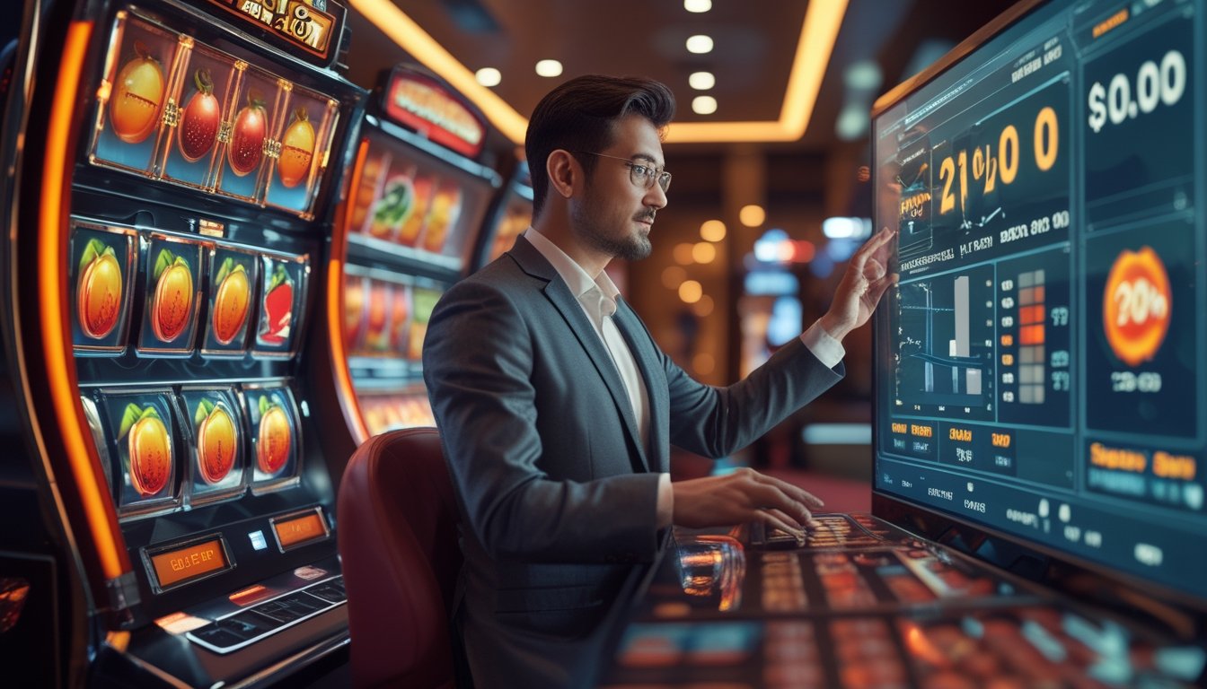 Seorang analis profesional sedang memeriksa data RTP mesin slot Sizzling Hot di dalam kasino modern dengan mesin slot dan simbol buah yang menyala di latar belakang.