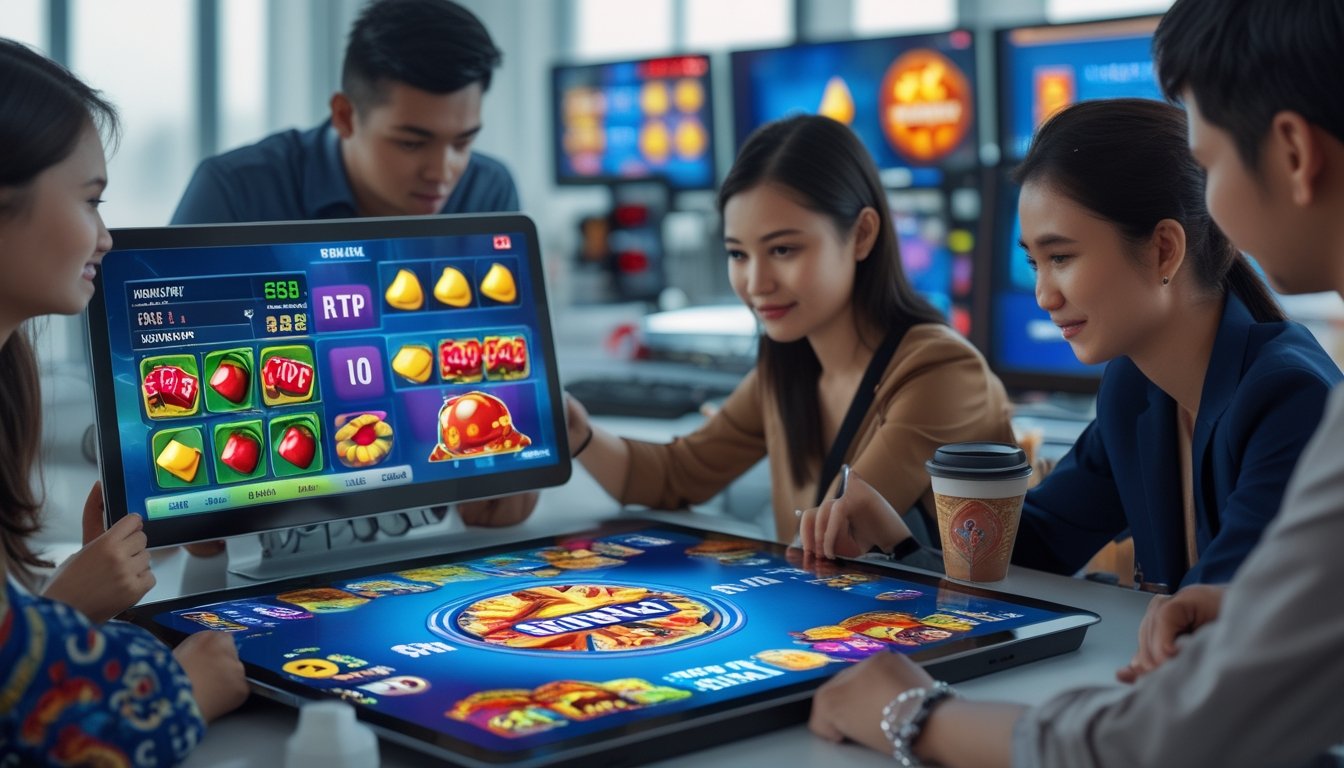 Sekelompok profesional muda Indonesia bekerja bersama di kantor modern dengan layar digital menampilkan grafik permainan slot dan statistik RTP.