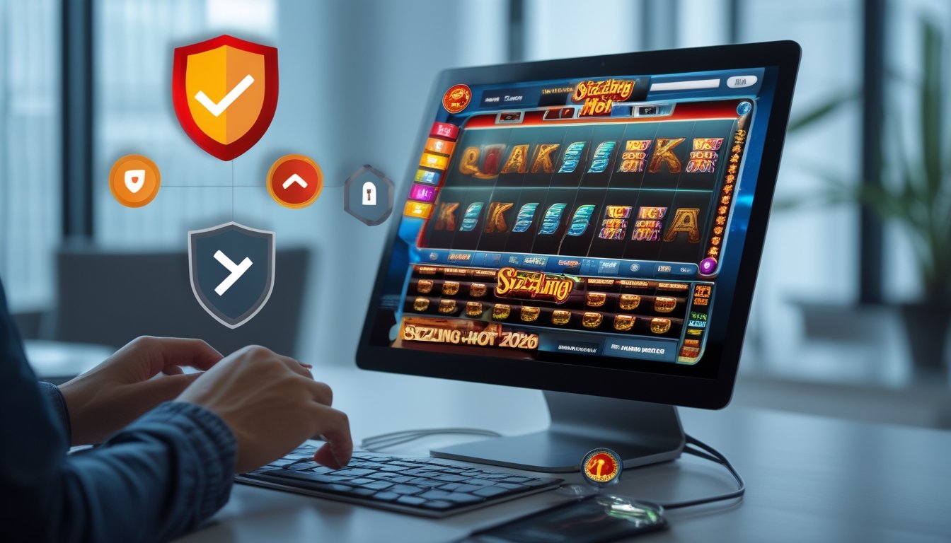 Seseorang menggunakan laptop dengan tampilan permainan slot online berwarna-warni di layar, di meja kerja yang rapi dengan ikon keamanan di latar belakang.