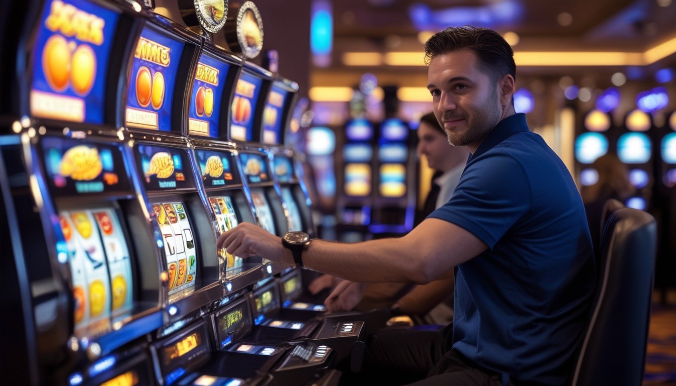 Seorang pemain sedang menggunakan mesin slot di kasino dengan mesin-mesin slot berwarna cerah dan lampu menyala di latar belakang.