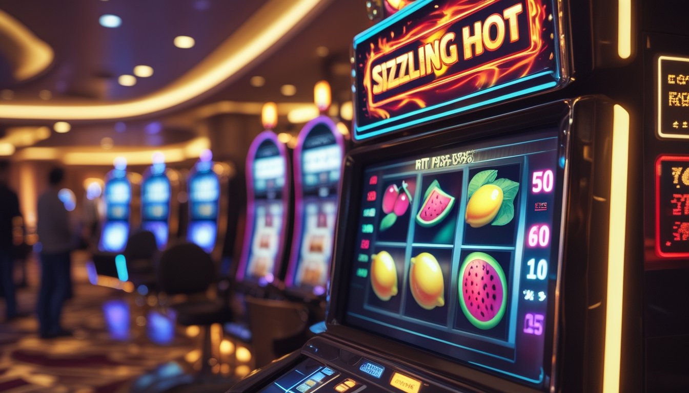Mesin slot dengan simbol buah berwarna cerah di dalam kasino yang modern dan ramai.