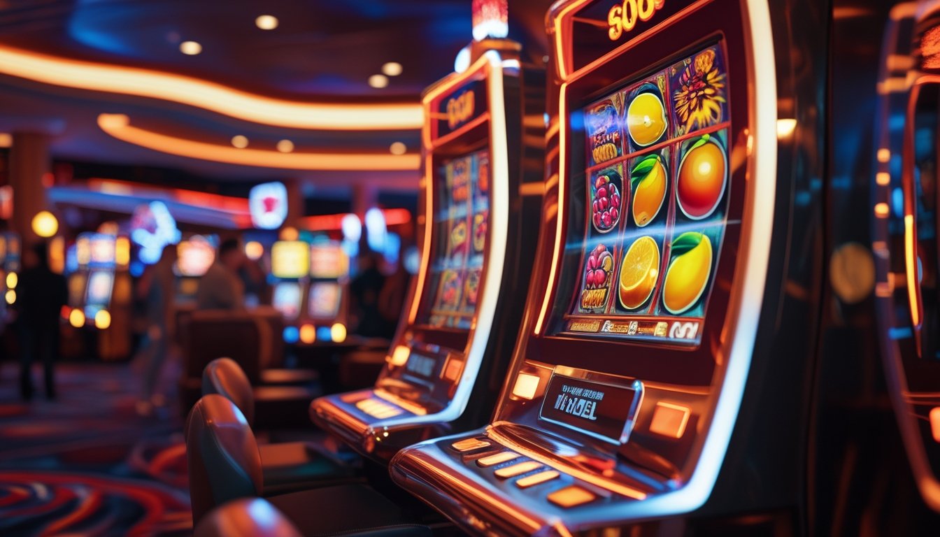 Mesin slot dengan tema buah berwarna cerah di dalam kasino modern dengan suasana ramai.