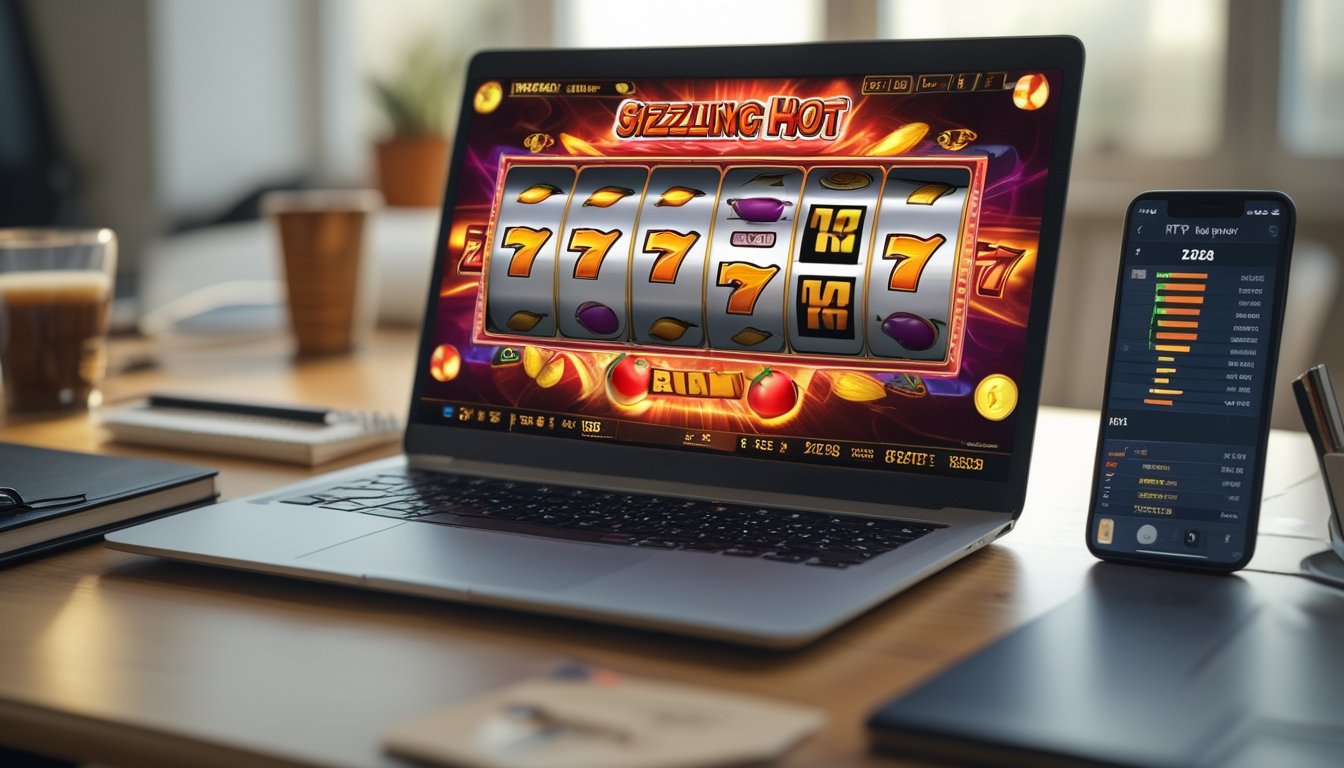 Meja kerja dengan laptop menampilkan permainan slot online bertema buah-buahan dan grafik statistik RTP, dengan cangkir kopi dan ponsel di sampingnya.
