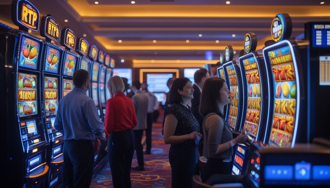 Orang-orang bermain mesin slot di kasino modern dengan layar digital yang menampilkan data dan update langsung.