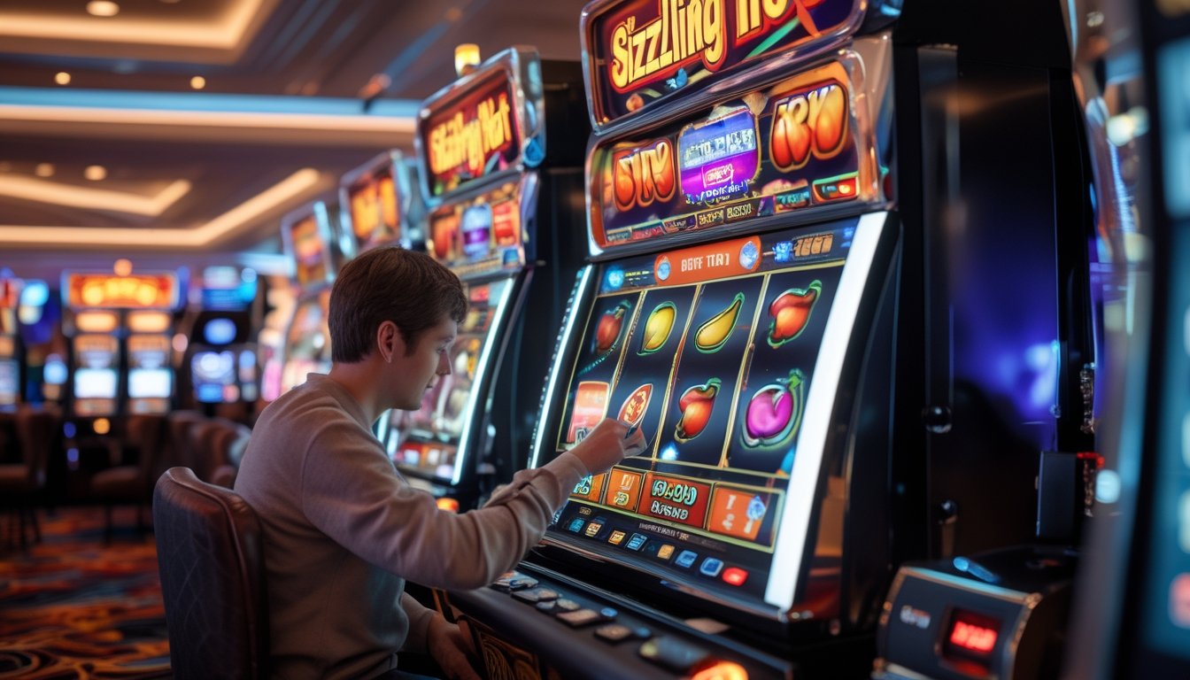 Seorang pria sedang memeriksa mesin slot Sizzling Hot di kasino dengan latar belakang mesin slot lainnya dan pencahayaan hangat.