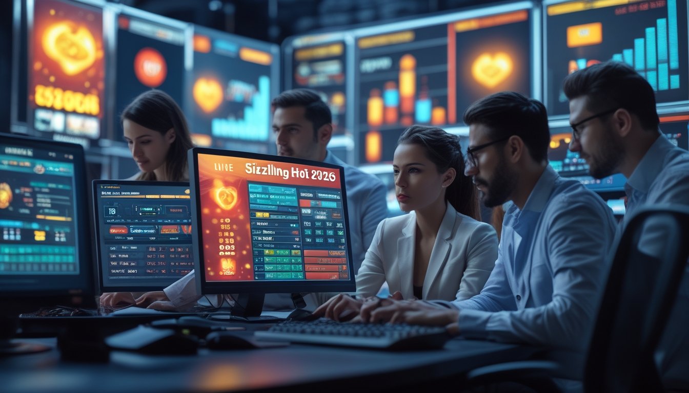 Beberapa profesional sedang menganalisis data permainan slot dengan layar komputer yang menampilkan grafik dan simbol mesin slot di ruang kerja modern.