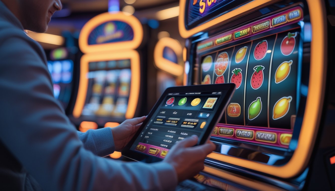 Seorang pemain sedang melihat tablet dengan data RTP dan volatilitas di depan mesin slot Sizzling Hot di dalam kasino.