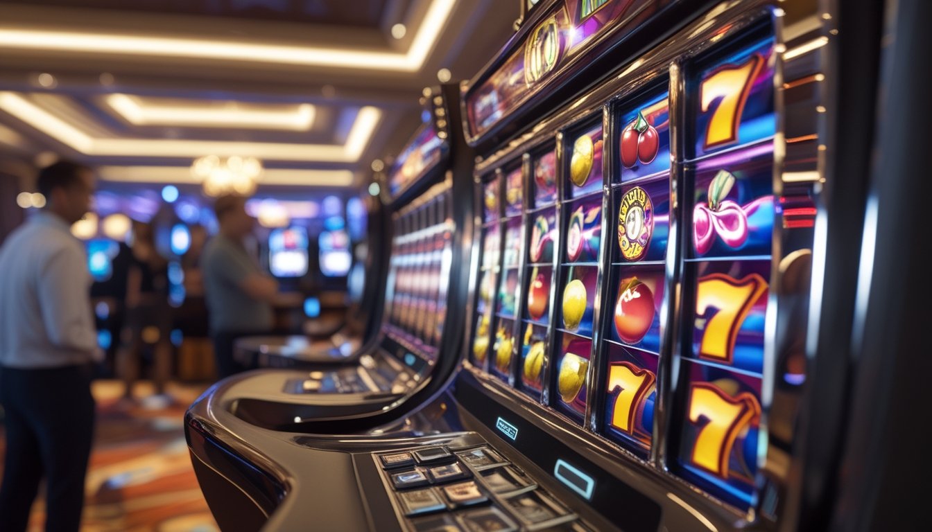 Mesin slot modern dengan simbol buah berwarna cerah di dalam kasino mewah dengan beberapa pemain yang sedang bermain.