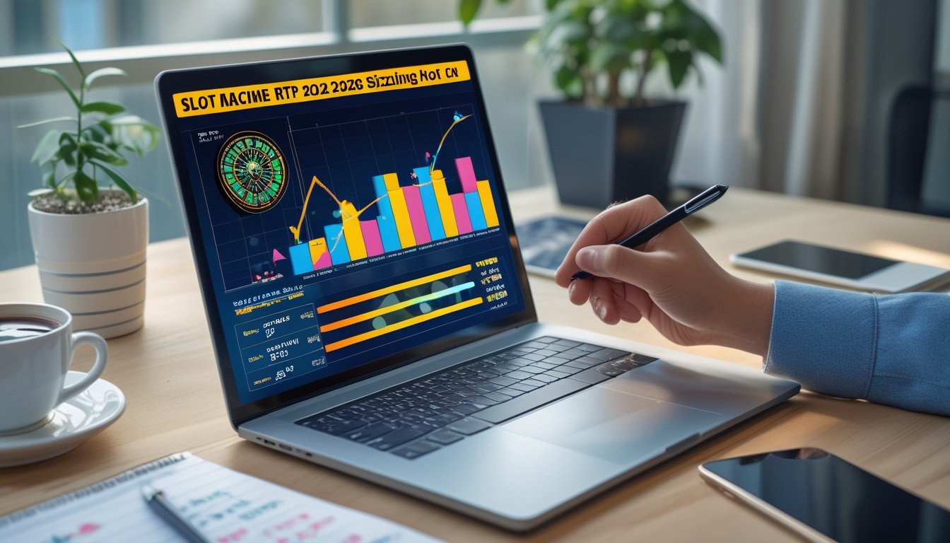 Seseorang sedang bekerja di meja dengan laptop yang menampilkan grafik dan catatan, fokus pada analisis data slot mesin.