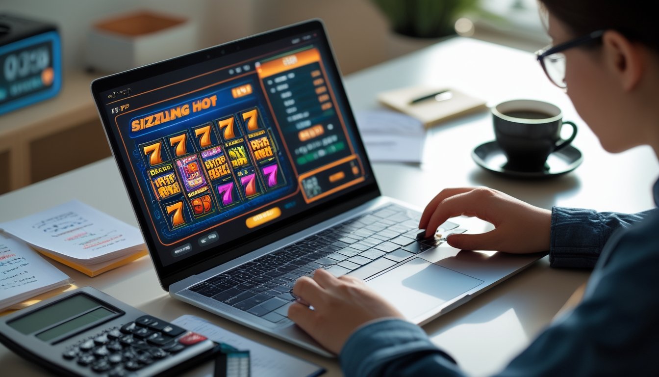 Seorang profesional sedang menganalisis data RTP permainan slot Sizzling Hot di meja kerja dengan laptop dan alat tulis.