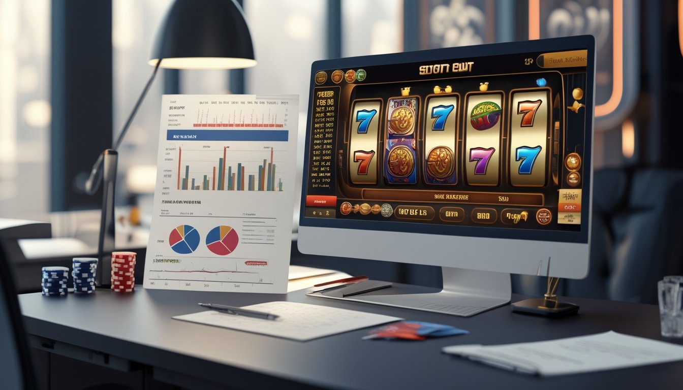 Meja kerja dengan komputer menampilkan grafik mesin slot dan dokumen strategi permainan di sekitarnya.