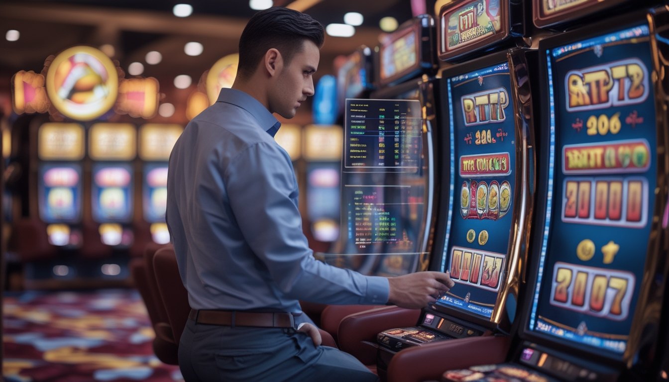 Seorang pria berpakaian rapi sedang menganalisis data RTP dan strategi bermain di depan mesin slot bertema buah di dalam kasino.