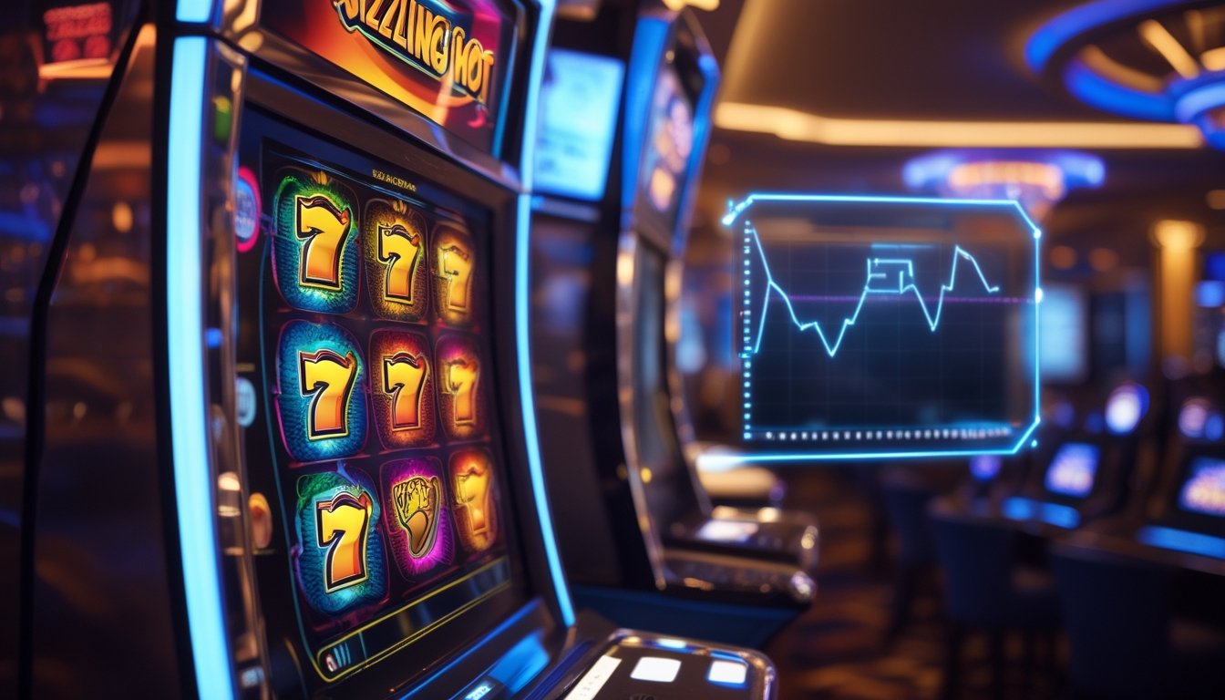 Mesin slot modern dengan layar berwarna cerah menampilkan simbol permainan dan grafik persentase RTP di latar belakang kasino yang terang.