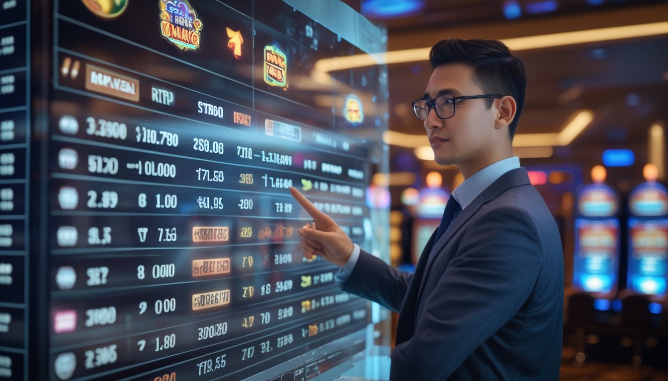 Seorang profesional sedang menganalisis data permainan slot Sizzling Hot pada layar digital di lingkungan kasino modern.