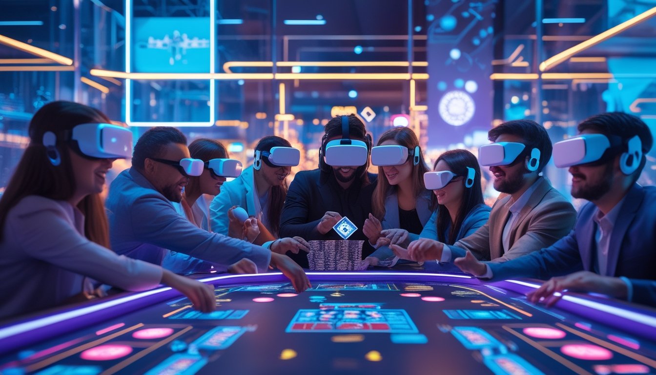 Beberapa orang menggunakan headset realitas virtual bermain di kasino virtual futuristik dengan mesin slot holografik dan meja poker digital.