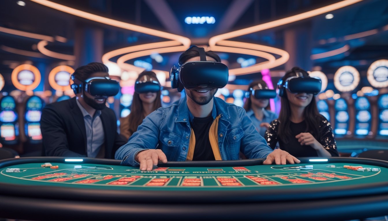 Beberapa orang memakai headset virtual reality sedang bermain di kasino online dengan mesin slot dan meja poker virtual di latar belakang.
