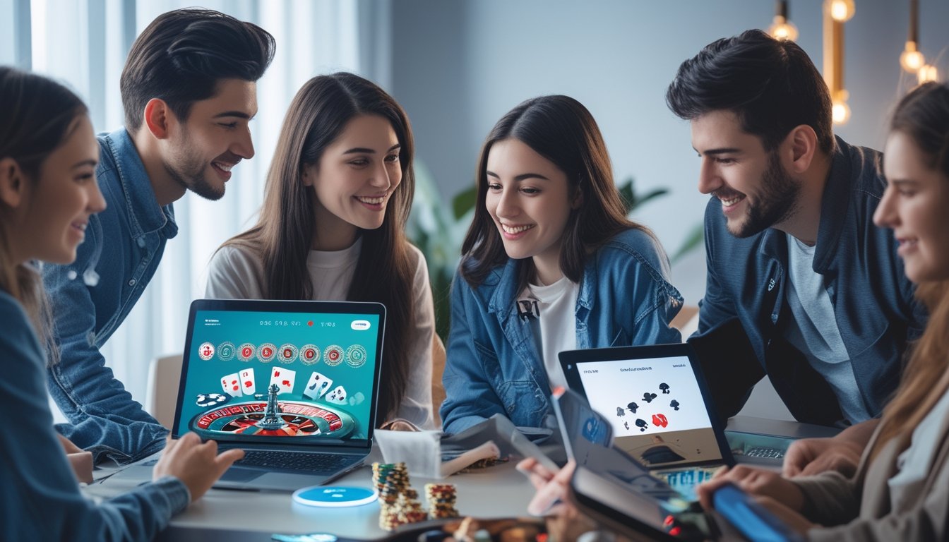 Sekelompok orang muda menggunakan laptop dan tablet dengan latar belakang elemen kasino seperti chip dan kartu, menunjukkan suasana kasino online yang aman dan ramah bagi pemula.