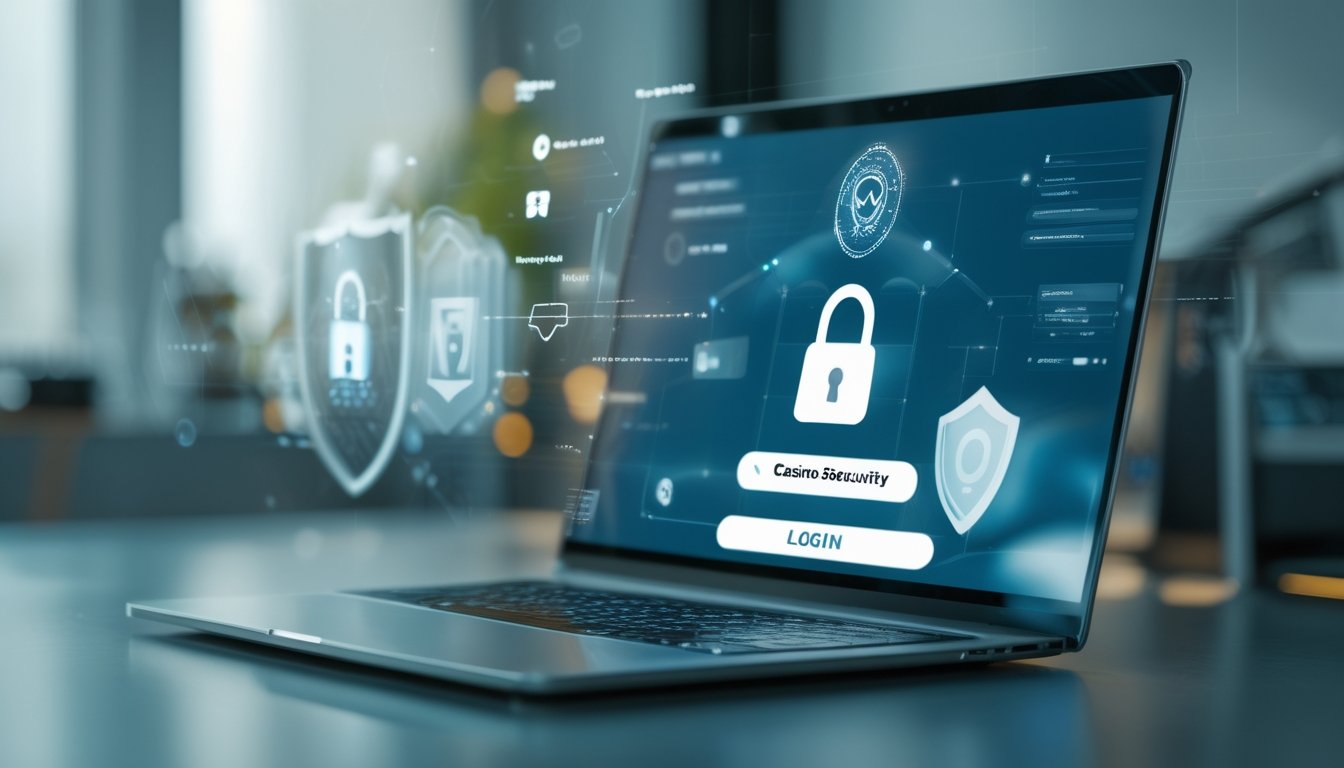 Sebuah laptop di meja kerja menampilkan layar login aman dengan ikon gembok, dikelilingi oleh elemen keamanan digital seperti ikon perisai dan kode terenkripsi.