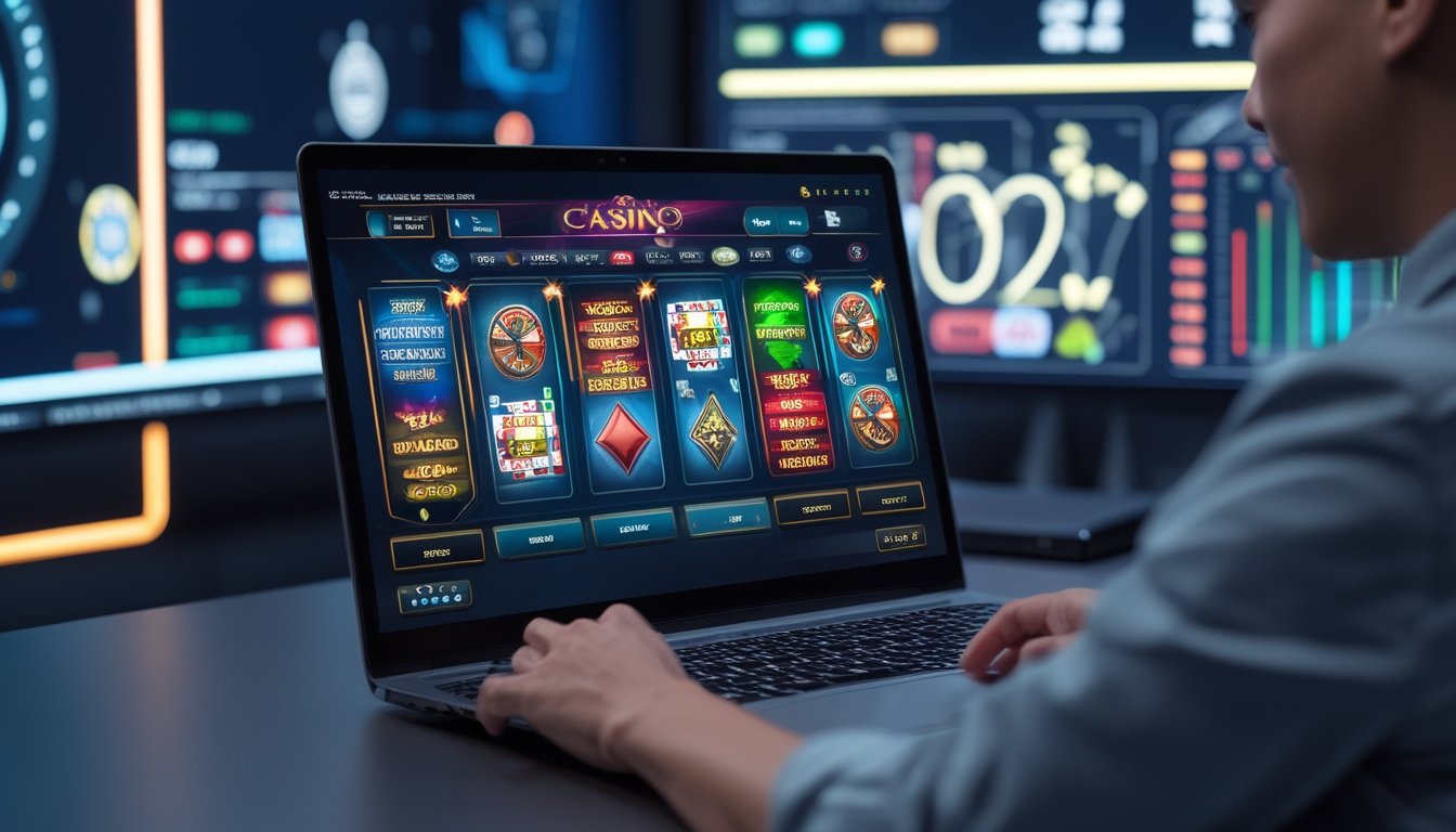 Seseorang menggunakan laptop dengan tampilan permainan kasino online yang berwarna-warni dan simbol uang di latar belakang.