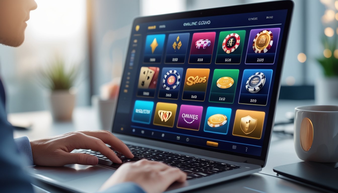 Suasana modern dengan komputer menampilkan berbagai permainan kasino online yang lengkap dan terpercaya.