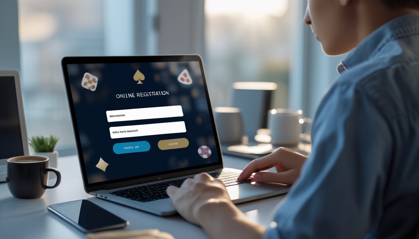 Seseorang duduk di meja kerja menggunakan laptop untuk mendaftar dan memverifikasi akun di platform kasino online.
