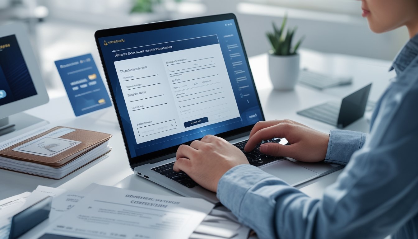 Seseorang sedang mengisi formulir pendaftaran akun di laptop dengan dokumen dan ponsel di meja sebagai persiapan verifikasi.