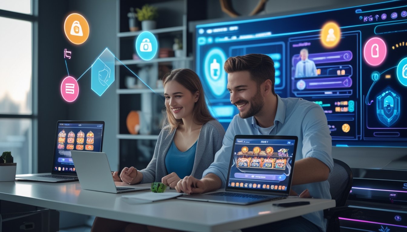 Dua orang muda menggunakan laptop dan ponsel di ruang kerja modern dengan tampilan antarmuka kasino online yang cerah dan futuristik.