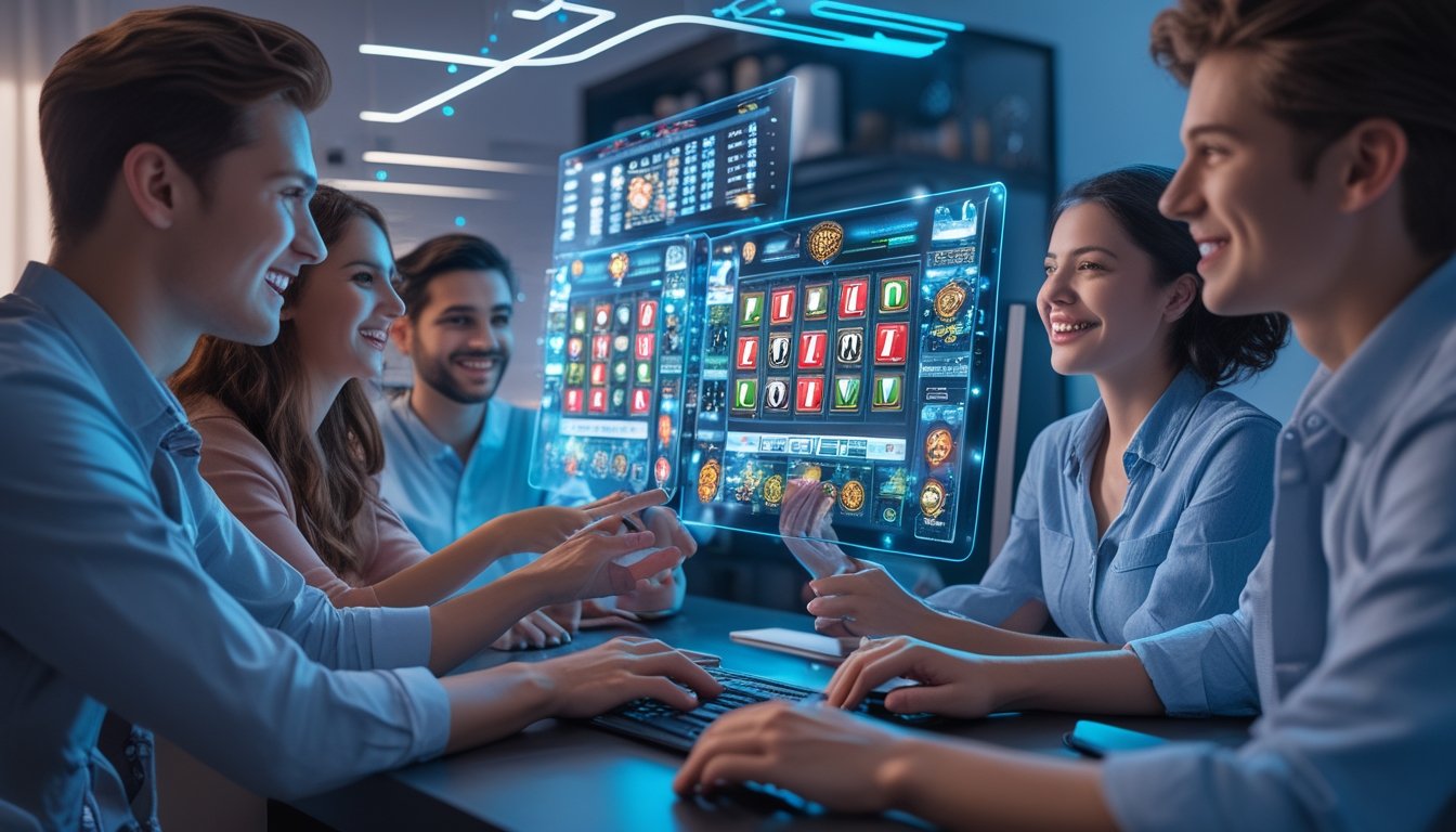Sekelompok orang muda bermain kasino online dengan teknologi futuristik di ruang kerja modern.