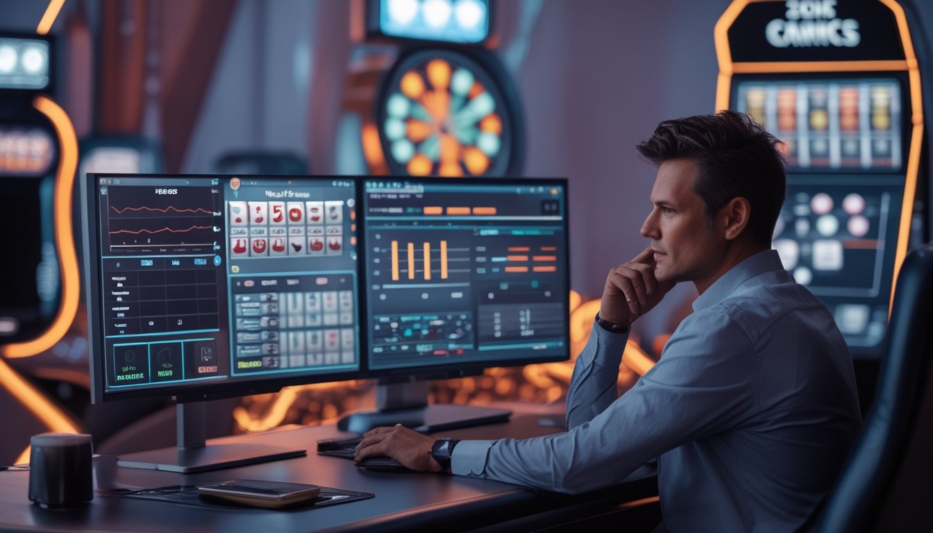 Seseorang duduk di depan beberapa layar komputer yang menampilkan permainan kasino online sambil menganalisis grafik dan data.