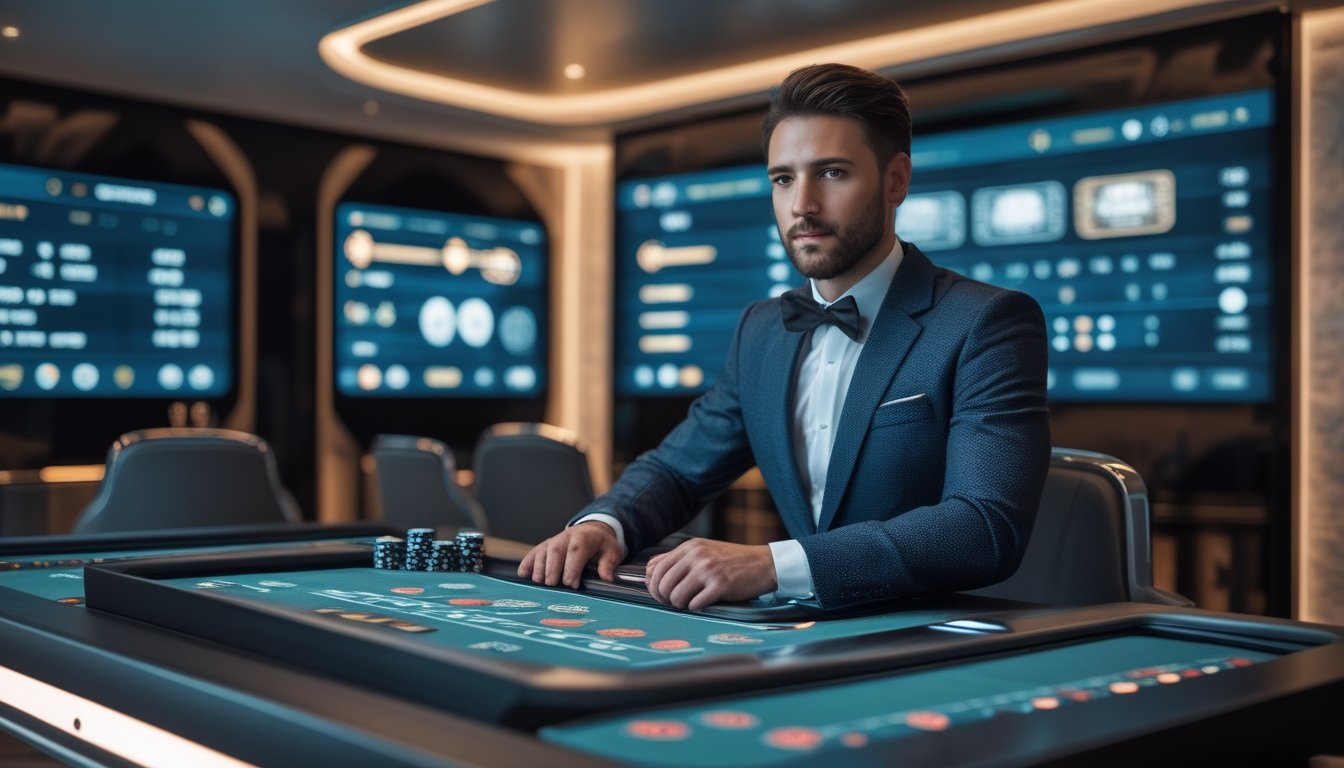 Seorang dealer kasino profesional duduk di meja permainan digital dengan layar sentuh dan peralatan teknologi canggih di sebuah studio kasino modern.