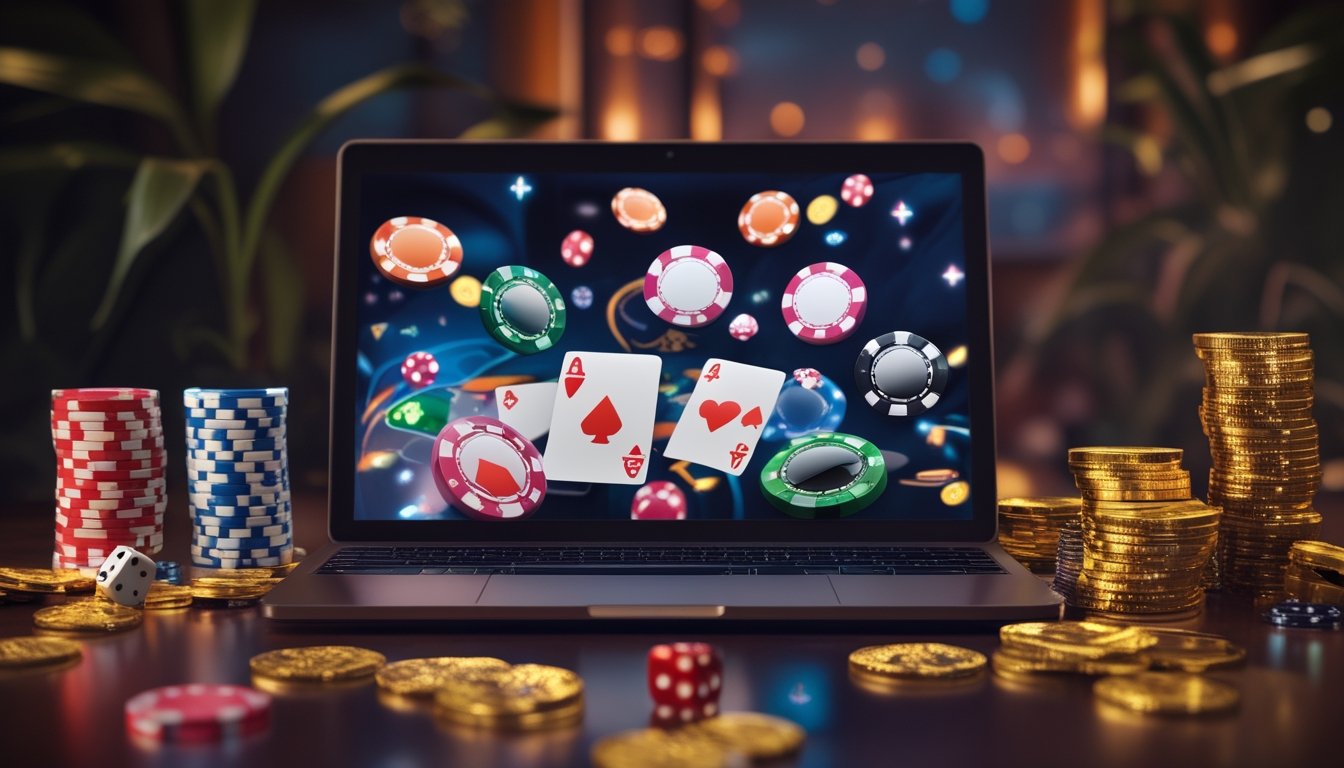 Sebuah perangkat digital menampilkan permainan kasino dengan tumpukan chip poker, dadu, dan koin emas di atas meja kayu.