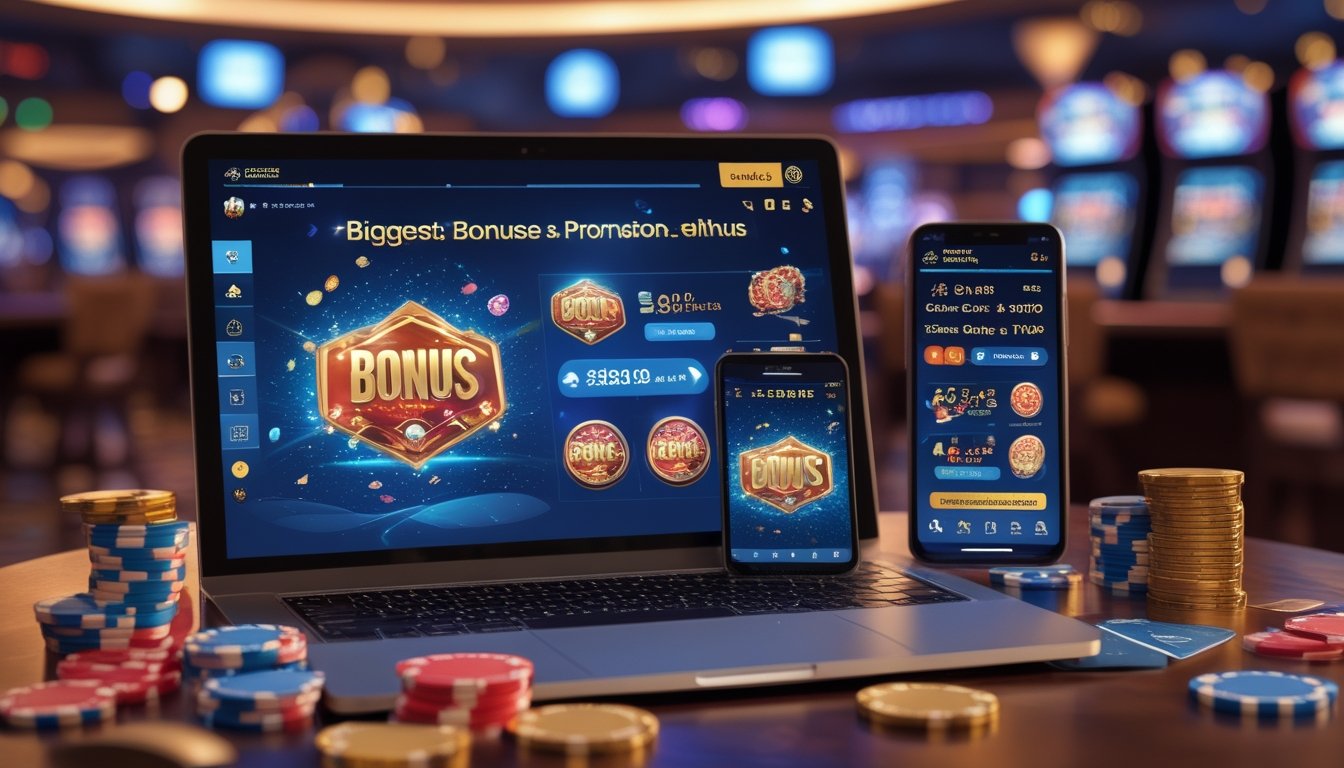 Suasana kasino online dengan laptop dan ponsel menampilkan bonus dan promosi, dikelilingi chip poker, kartu remi, dan koin emas di atas meja kayu.
