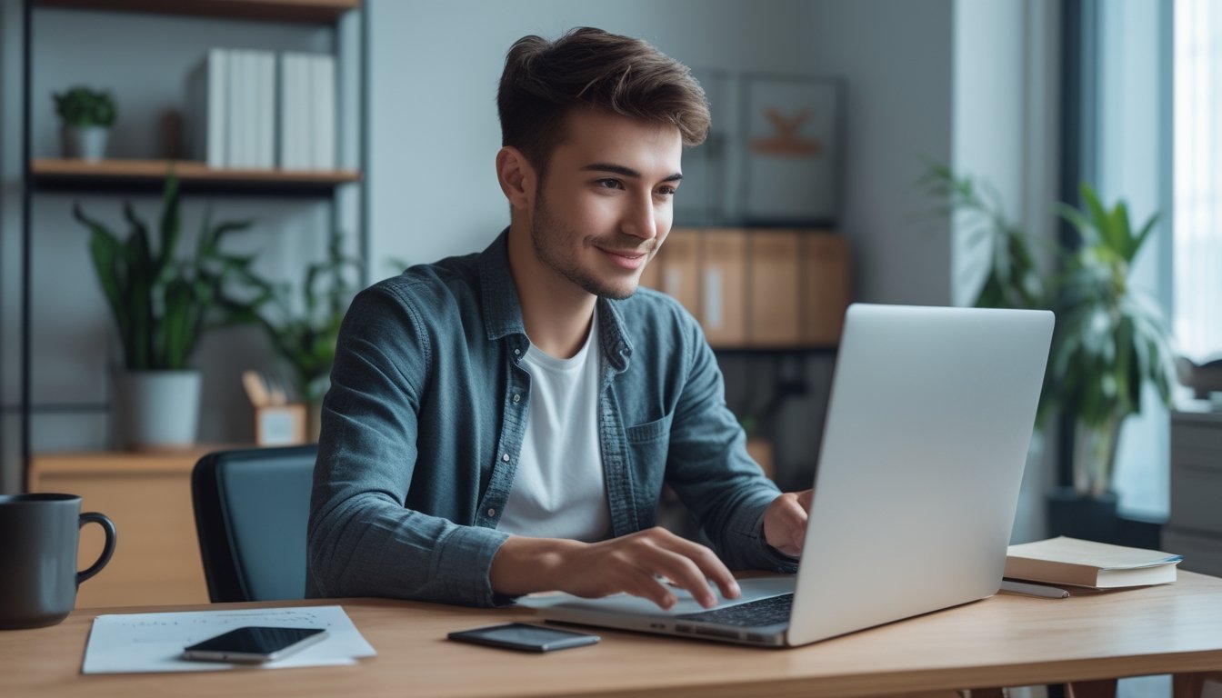 Seseorang sedang menggunakan laptop di meja kerja untuk mendaftar akun online, terlihat fokus dan percaya diri.
