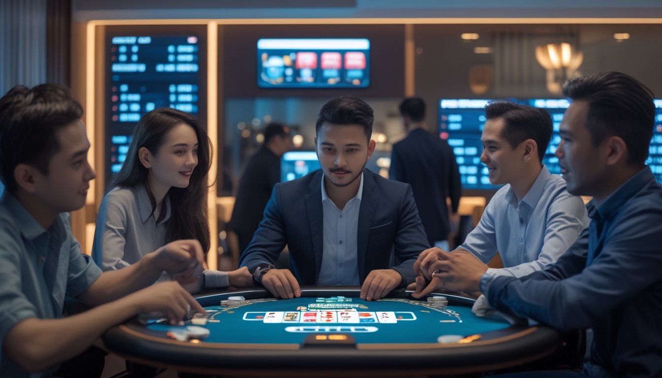 Sekelompok orang bermain kartu Ceme VIP di meja permainan dengan suasana ruangan yang modern dan elegan.