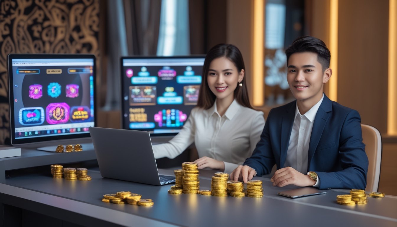 Seorang pria dan wanita muda duduk di meja dengan perangkat digital yang menampilkan permainan kartu online, dikelilingi oleh koin emas dan chip poker di ruangan dengan dekorasi batik.