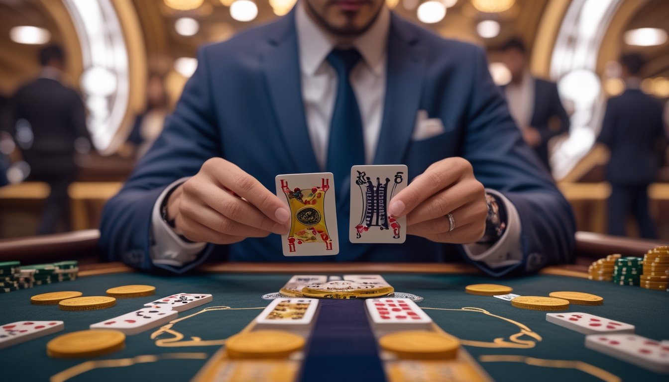 Seorang pemain sedang memegang kartu domino di meja permainan dengan suasana kasino yang mewah.