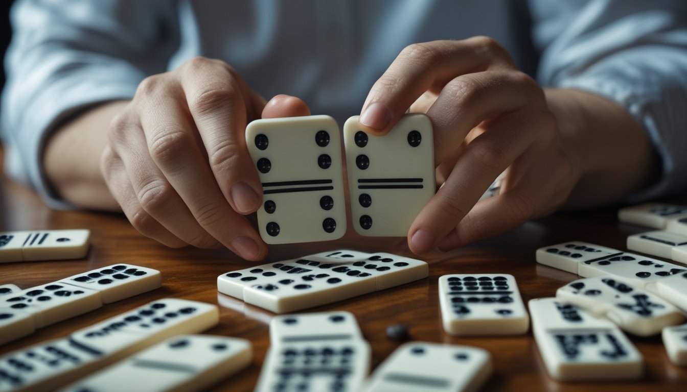 Tangan seseorang sedang memegang dan membaca kartu domino di atas meja kayu dengan beberapa kartu domino lain di sekitarnya.