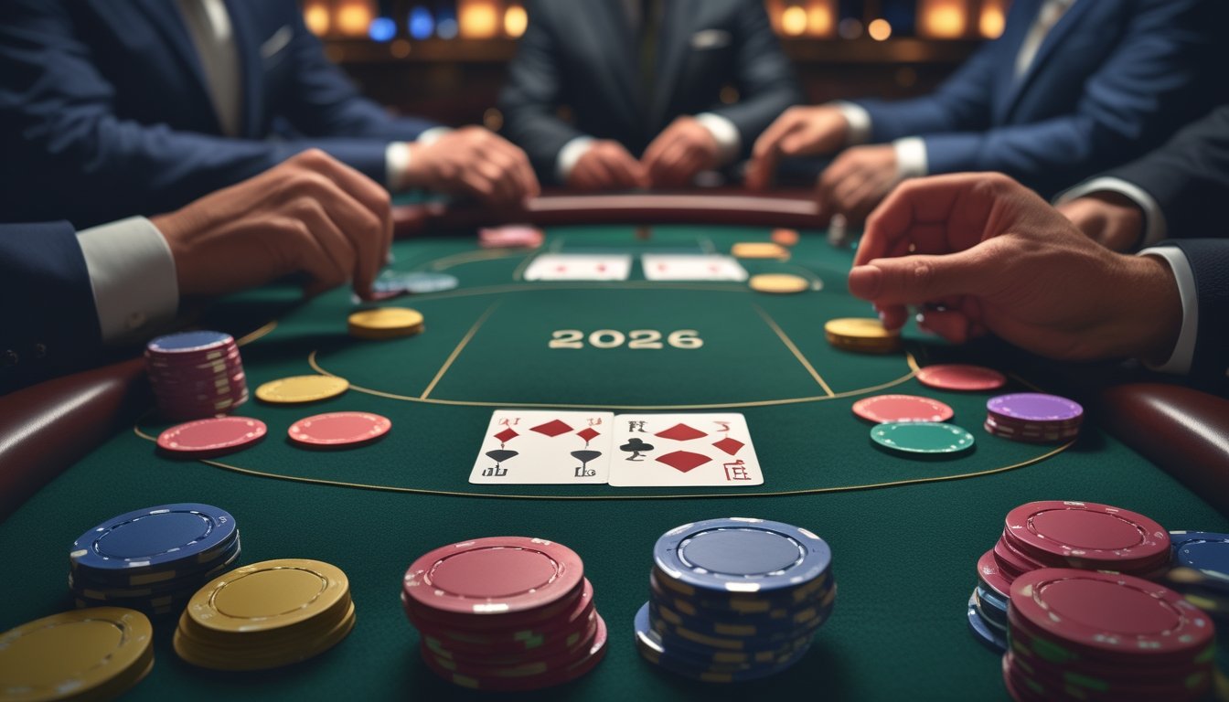 Meja poker dengan kartu dan chip warna-warni, pemain berpakaian rapi sedang bermain kartu di suasana kasino mewah.