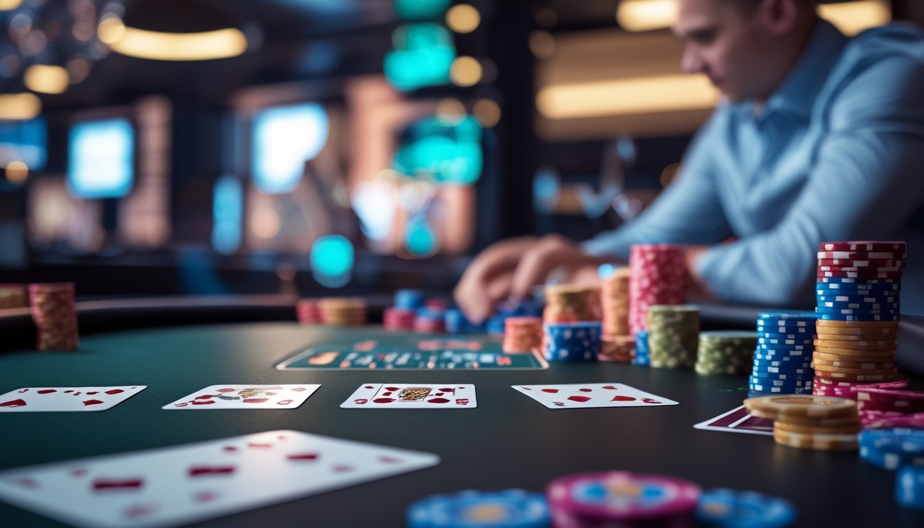 Meja poker mewah dengan kartu dan chip tertata rapi, seorang pemain fokus bermain di latar belakang.