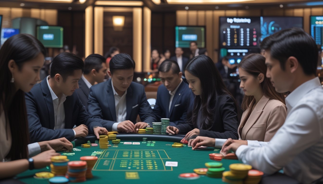 Sekelompok pemain berpakaian rapi sedang bermain kartu di meja VIP Ceme dengan suasana kasino yang elegan dan pencahayaan lembut.
