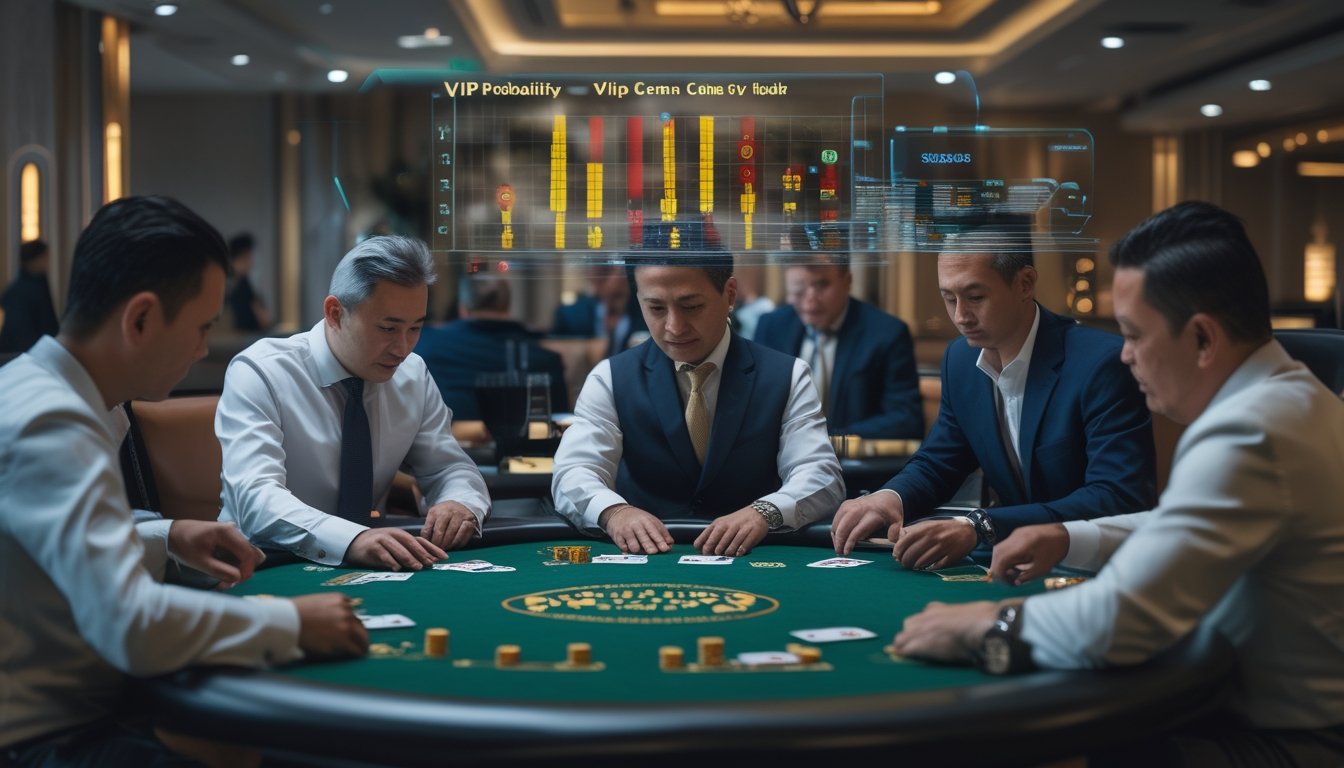 Sejumlah orang bermain permainan Ceme di meja kasino VIP dengan kartu dan chip, suasana serius dan fokus.