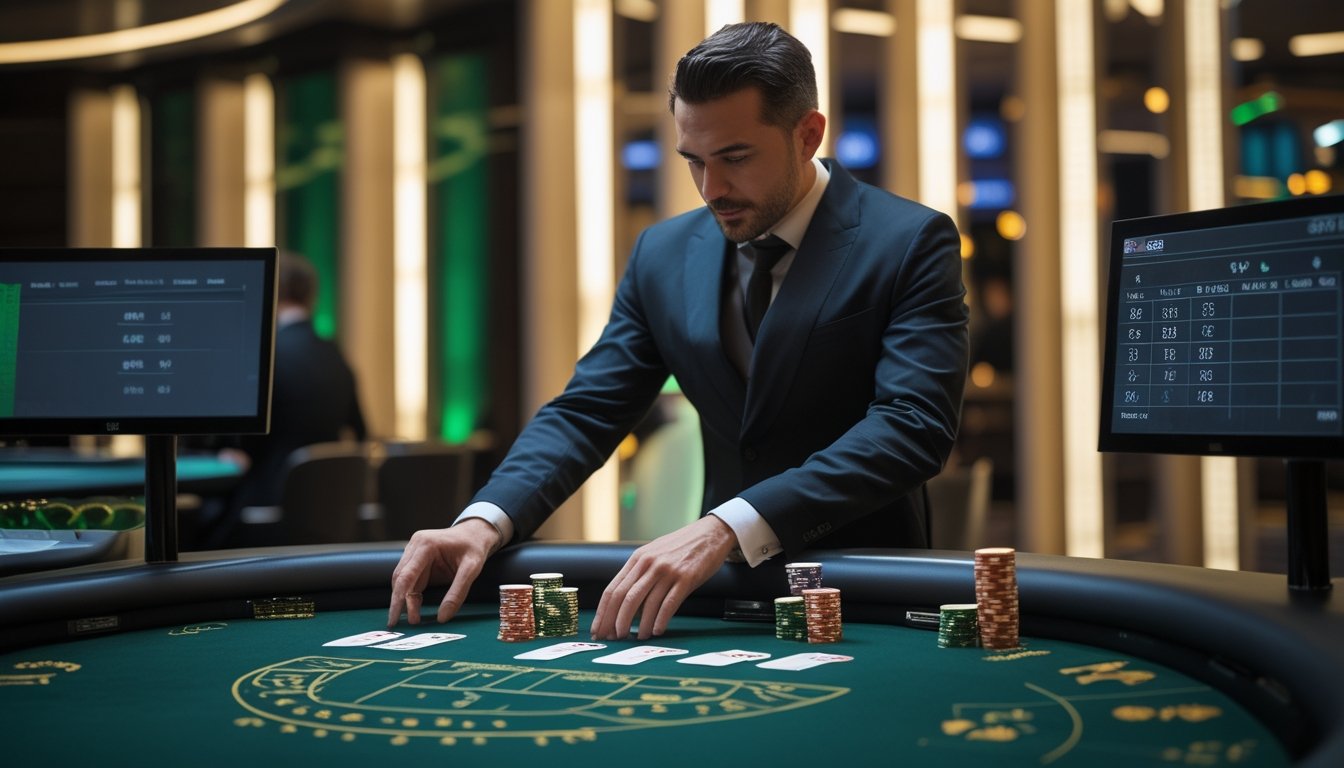 Seorang dealer di meja permainan kartu Ceme VIP dengan chip dan kartu di atas meja, dikelilingi oleh pencahayaan elegan dan elemen digital yang menampilkan perhitungan poin.