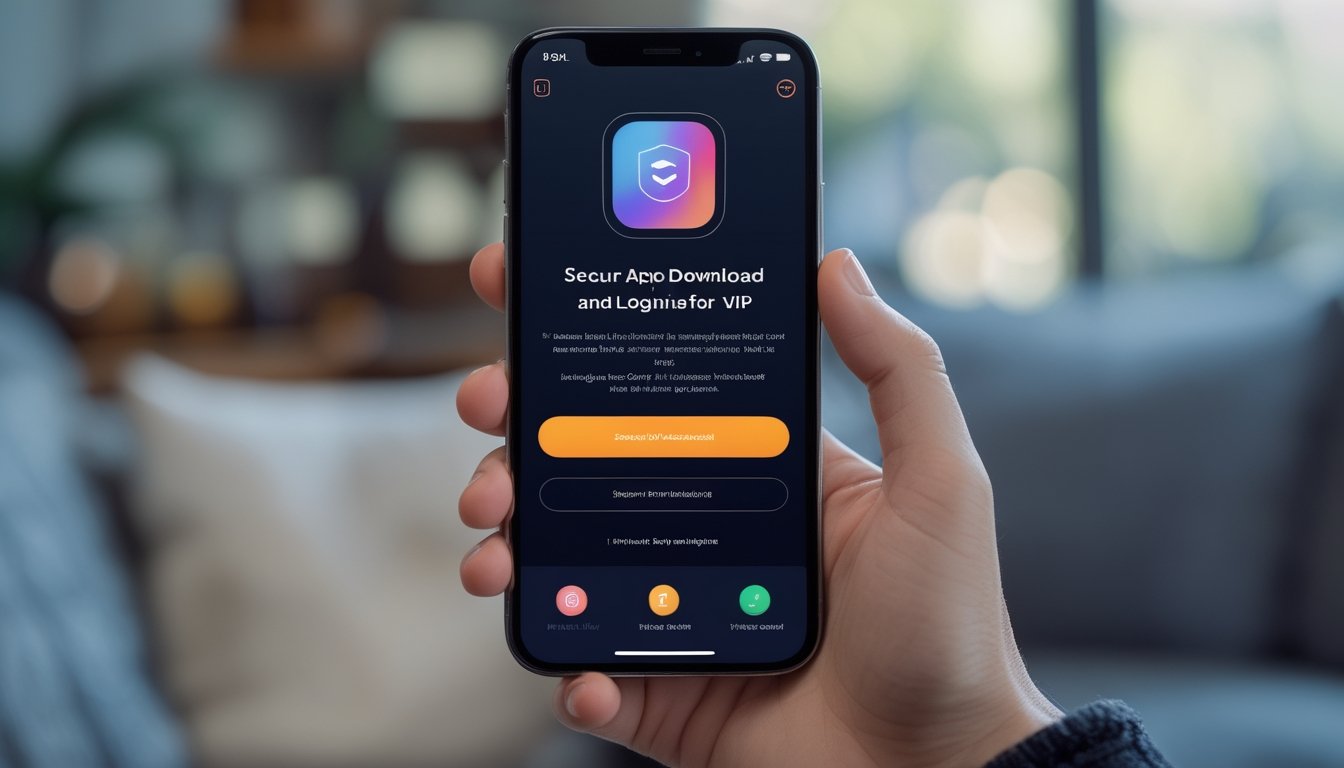 Seseorang memegang smartphone dengan layar aplikasi yang menampilkan proses login dan unduhan aplikasi.