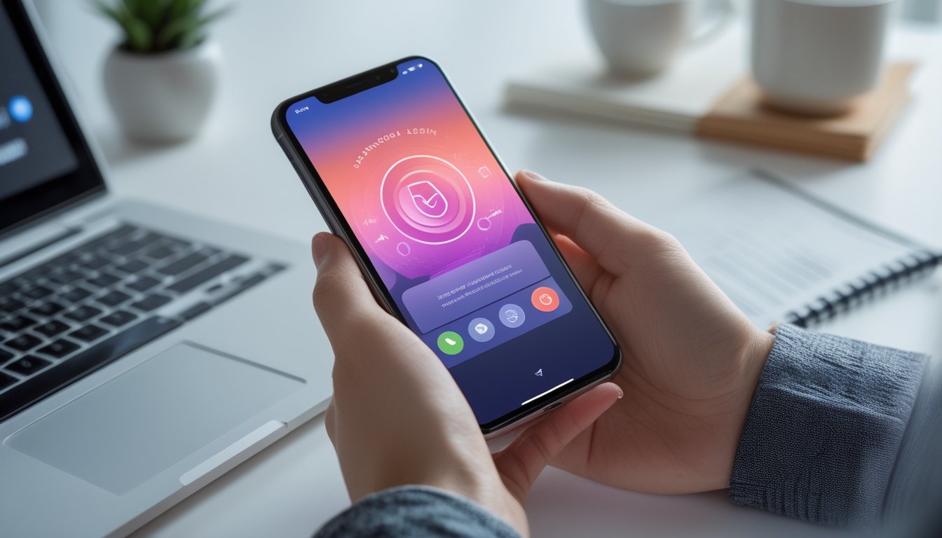 Seseorang memegang smartphone dengan layar yang menampilkan proses pengunduhan dan login aplikasi di ruang kerja yang terang.