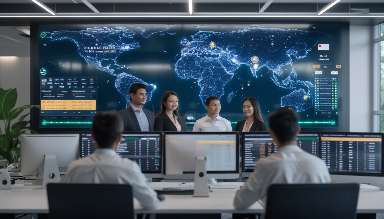 Orang-orang sedang bekerja di kantor modern dengan layar komputer menampilkan statistik dan peluang taruhan sepak bola, dengan peta digital Indonesia di latar belakang.