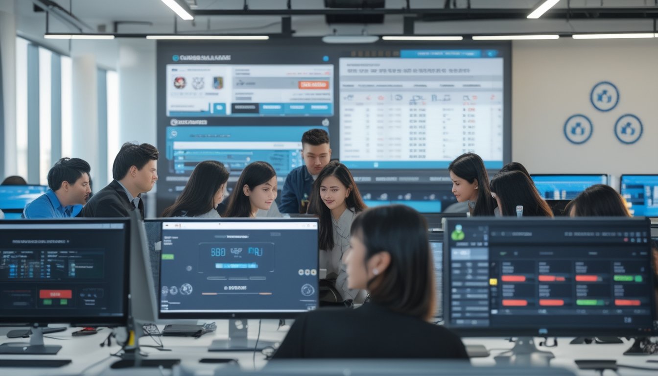 Sekelompok orang muda sedang bekerja bersama di kantor modern dengan beberapa layar komputer yang menampilkan data olahraga dan peluang taruhan.