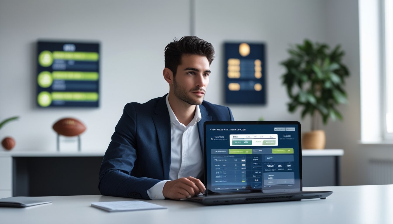 Seorang pria muda duduk di meja dengan laptop, fokus melihat data taruhan olahraga dalam ruangan kantor yang terang dan rapi.