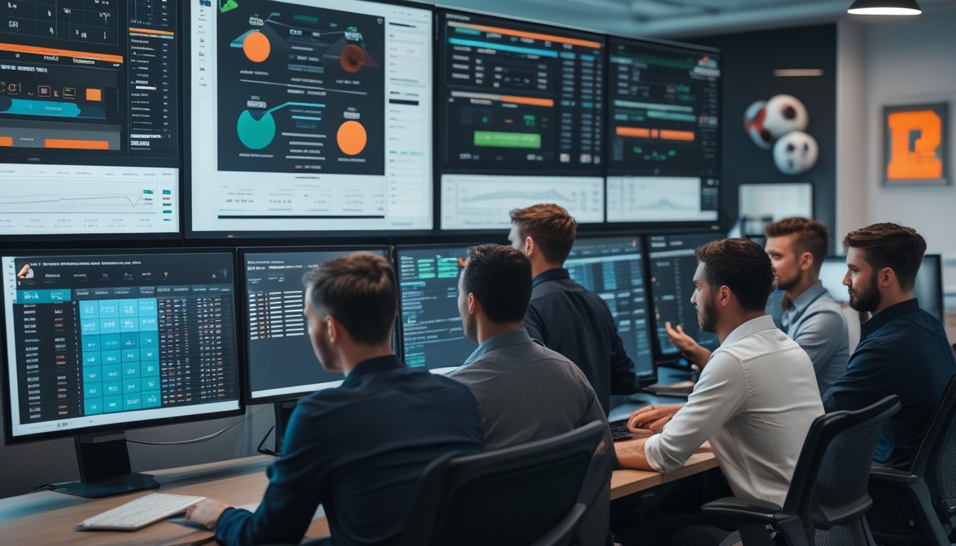 Sekelompok orang sedang bekerja dengan data taruhan sepak bola di layar komputer dalam kantor modern.