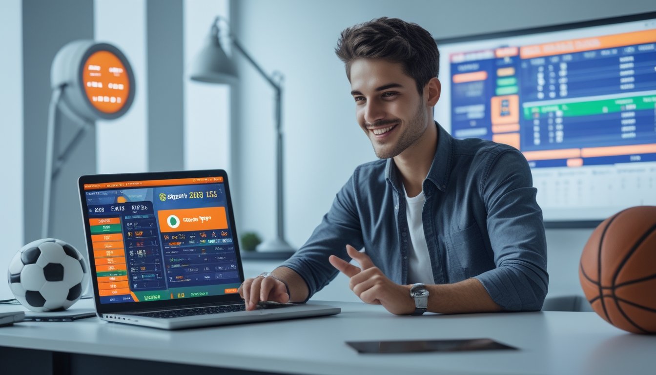 Seseorang sedang menggunakan laptop dengan tampilan taruhan olahraga dan bola di meja di sekitarnya.